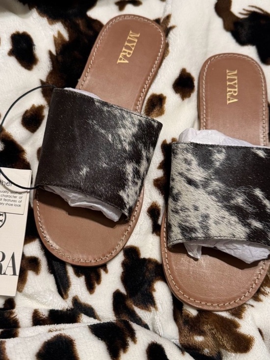 Myra Bag Shoes - Myra Bag Black & White Cowhide Slide Sandals with Leather Footbed